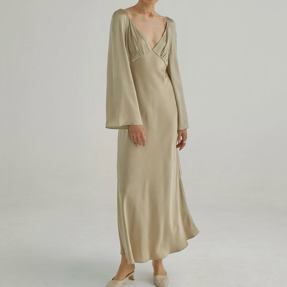 Silk Maison back tie flared-sleeve maxi silk dress. NWT size S